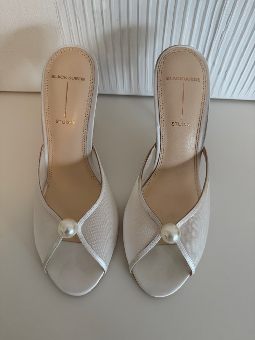 Black Suede Studio Cream Pearl-Accent Slide Mules